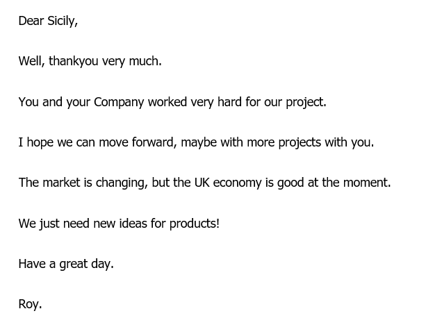 一封外國客戶寫給英碩吸塑包裝的信 一封外國客戶寫給英碩吸塑包裝的信